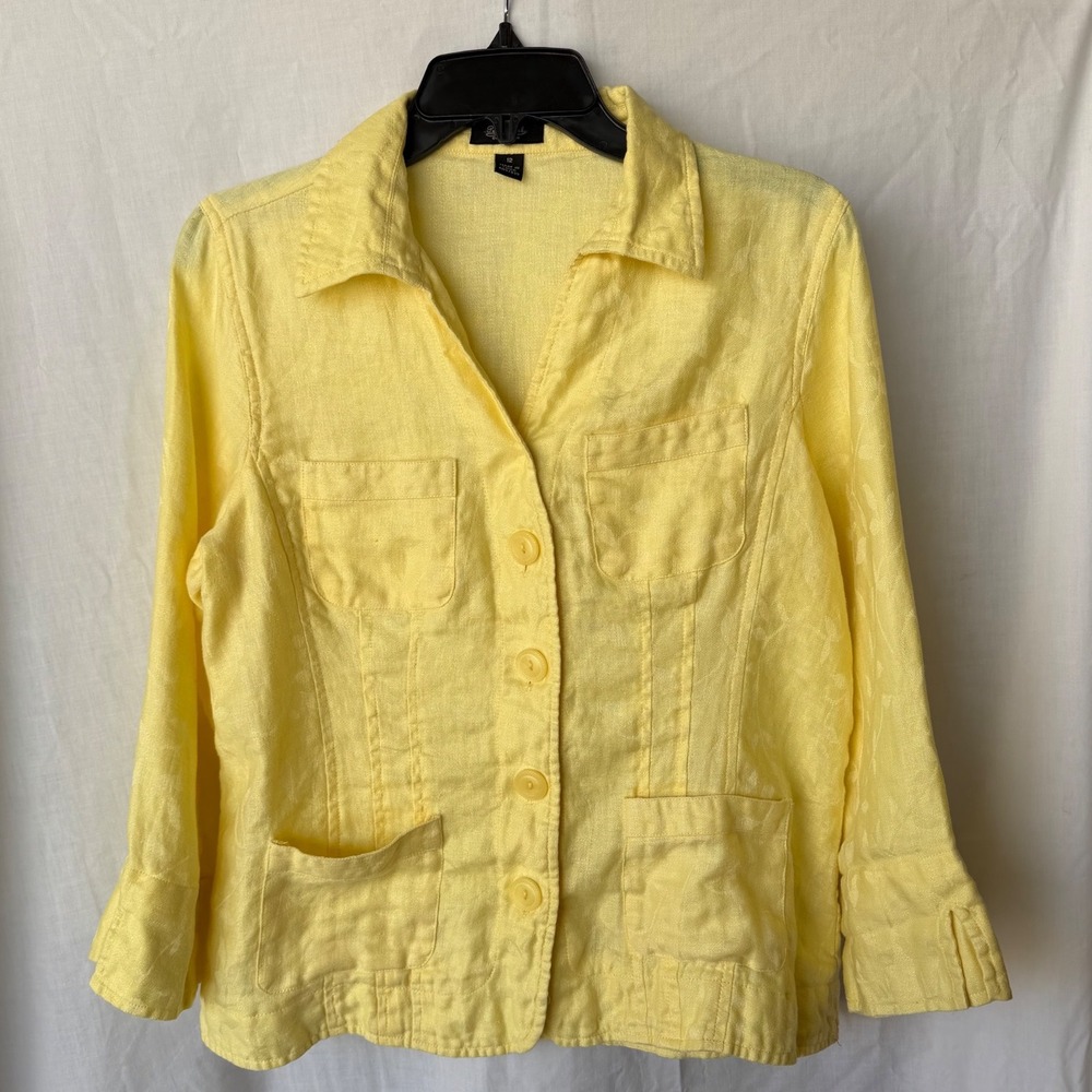 Peck & Peck 100% Linen Jacket Yellow Jacquard Floral Utility Pockets Womens 12